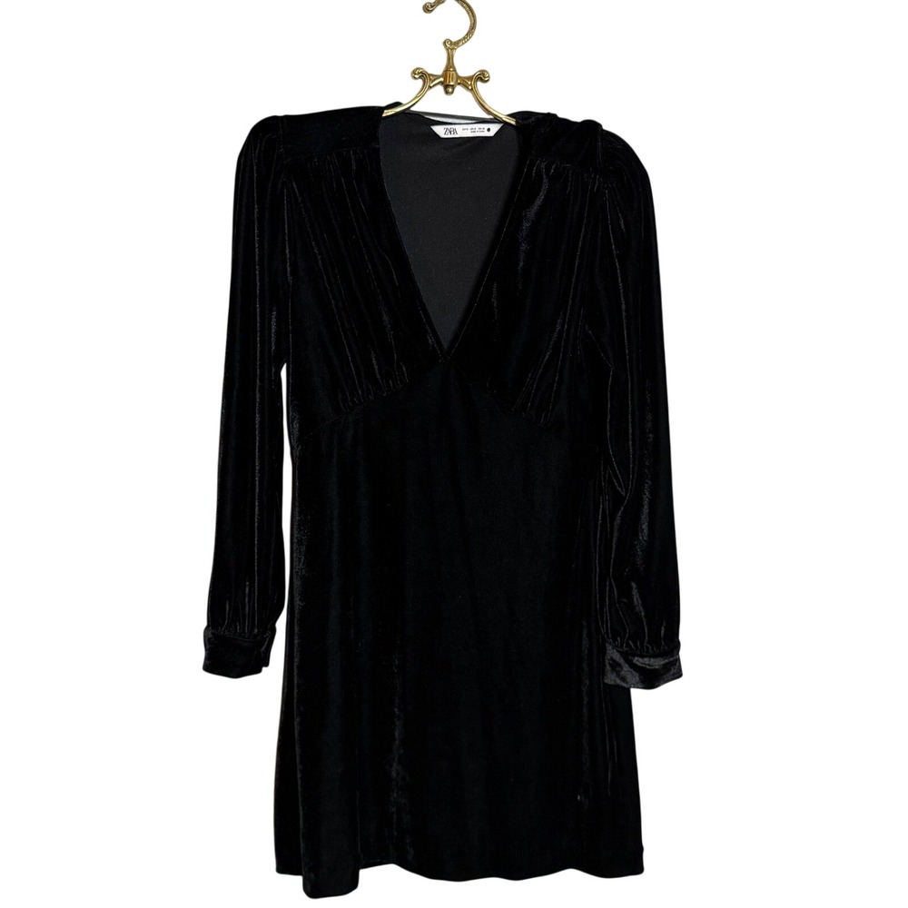 ZARA‎ Black Velvet Long Sleeve V Neck Mini Dress Size M